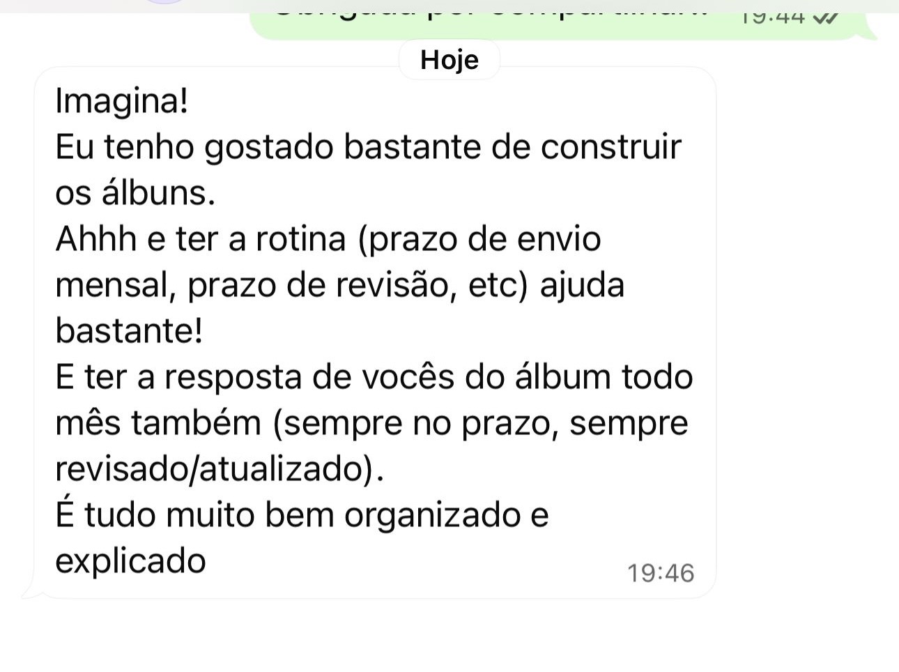 Mensagem de cliente sobre o Álbum Dia a Dia 10
