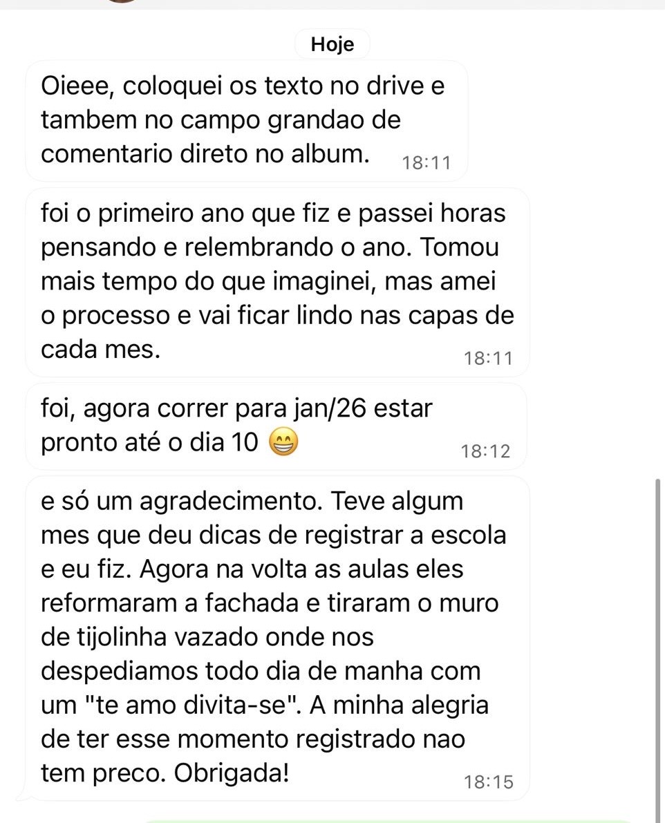 Mensagem de cliente sobre o Álbum Dia a Dia 2