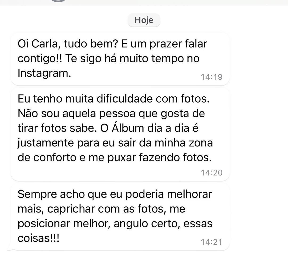 Mensagem de cliente sobre o Álbum Dia a Dia 3